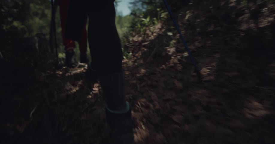 A pair of hikers walk along a rocky narrow path in the wilderness during the day