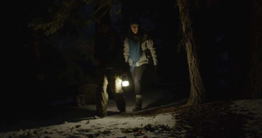 Two people walk down a snowy path at night holding a lantern