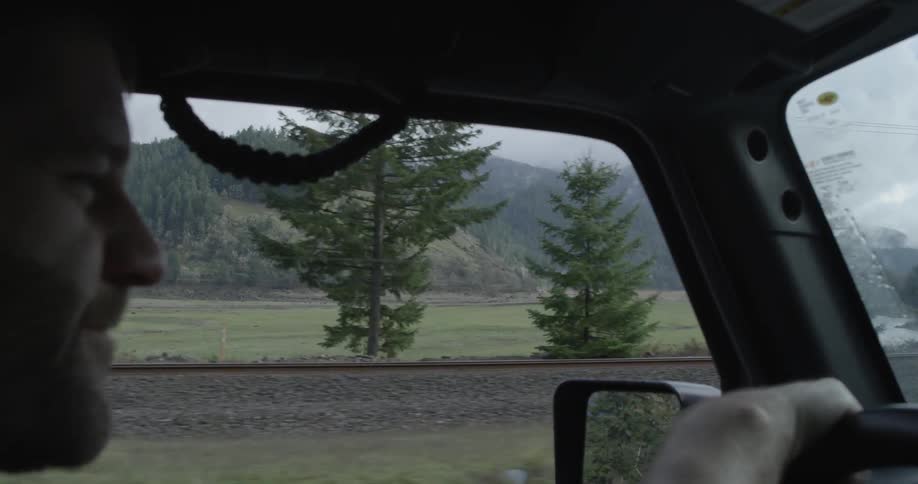 A man is driving a car past a green field