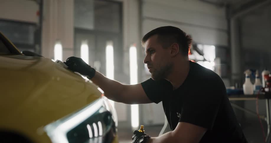 A man polishing the hood of a car in a garage