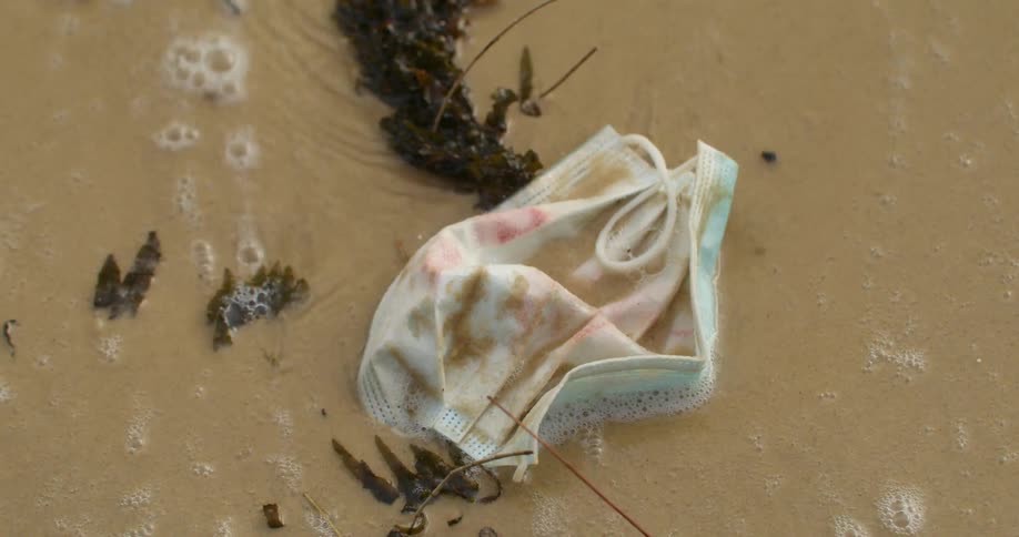 Waves flow onto beach over face mask entangled with seaweed