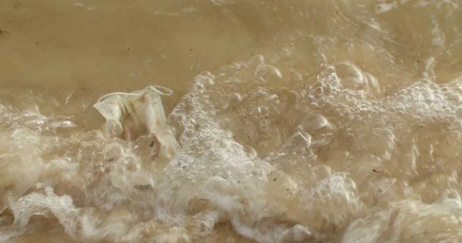 Waves push and pull a mask back and forth on the wet beach sand