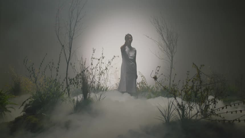 A woman in a dress reaches out her arms while posing in a foggy photo shoot