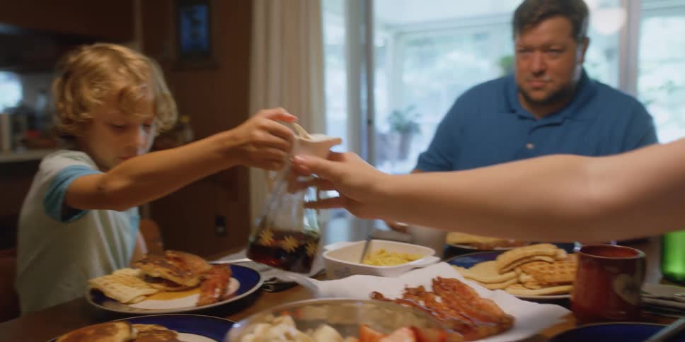 A boy a man and a woman sitting at a table eating breakfast