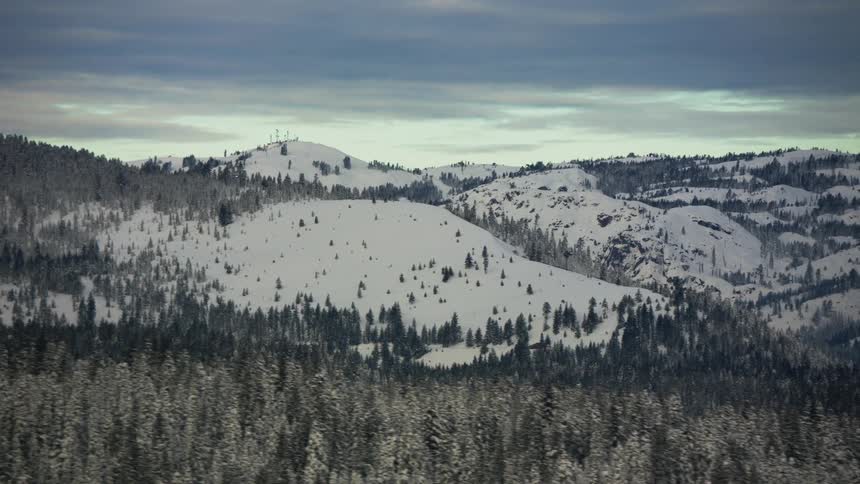 Snow and trees are covering the mountain tops