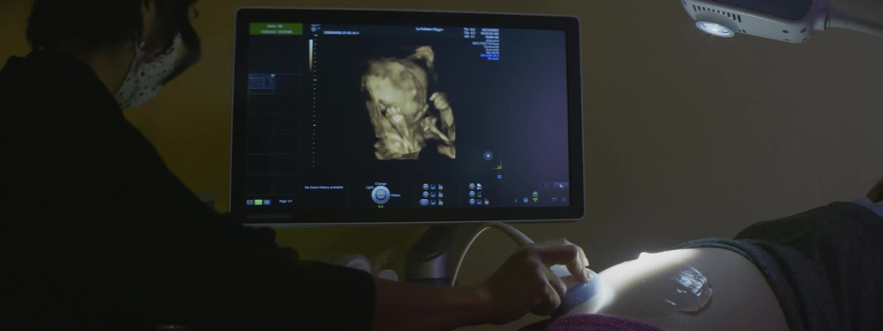 A health care worker performs an ultrasound on a pregnant woman and gestures to the image on the screen