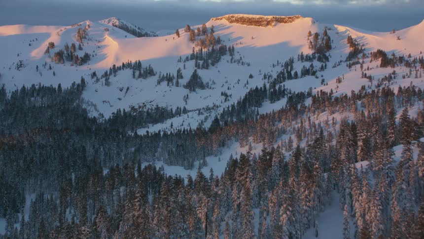 Aerial view of snowy mountains with forest at sunset