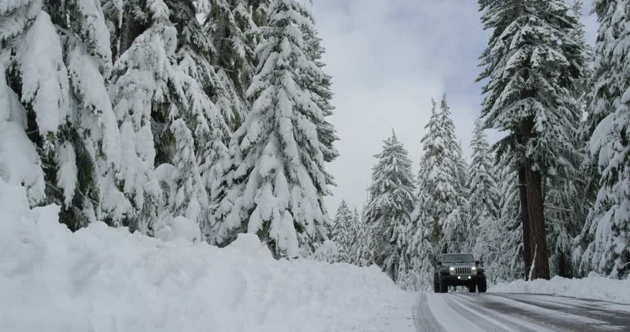 A Jeep travels through a mountain road in between snow covered trees