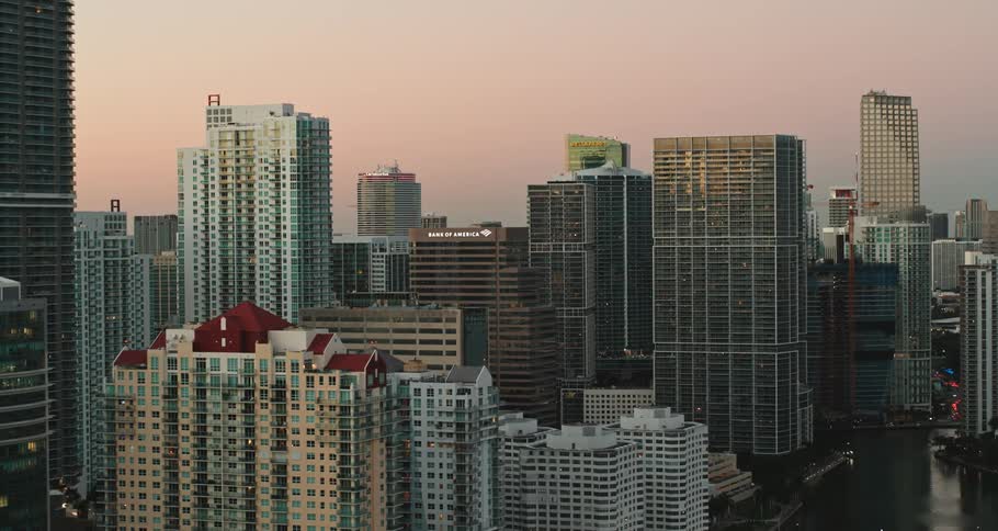 Aerial view of high rise office buildings in the city at dusk