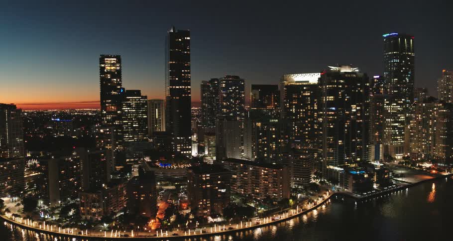 Skyscrapers on the coast of a metropolis at night