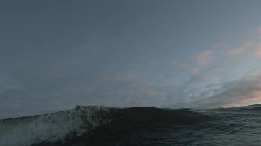 A large wave rolls toward the camera and crests