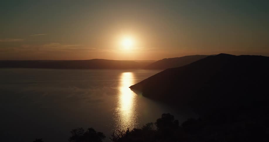 Wide shot of a lake at sunset