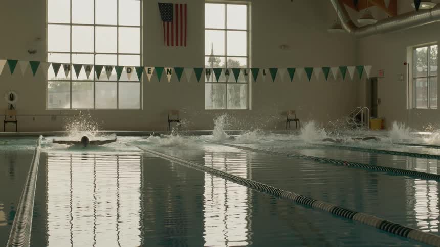 Male swimmers doing the butterfly stroke in an indoor pool