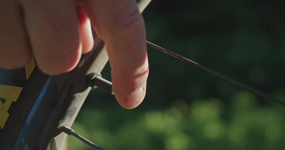 A person presses their mountain bike tire valve in a forest to release air pressure