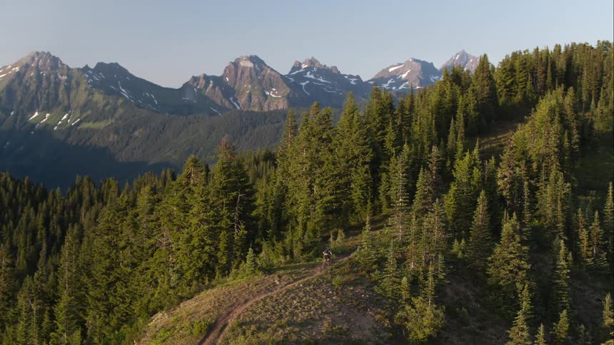 A biker climbs a steep ribbon of trail into a forest with mountain peaks in background