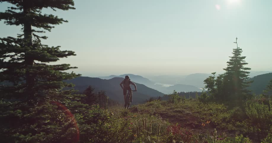 A man riding a bike up a trail in the wilderness