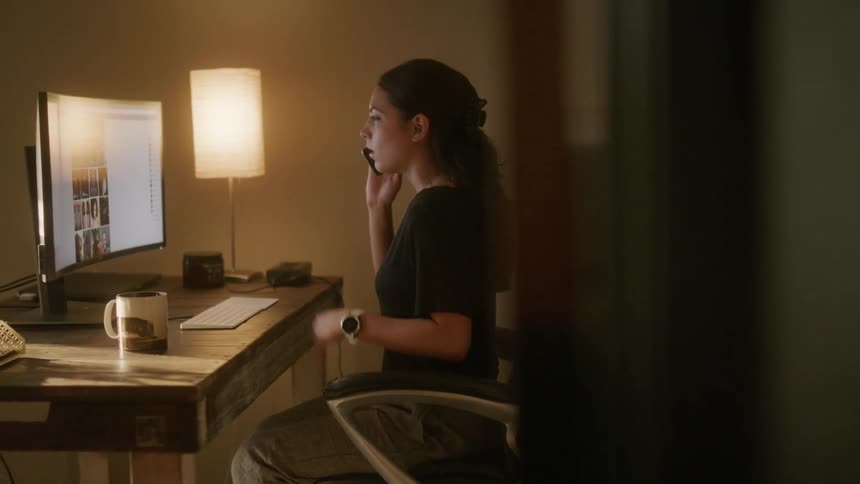 A woman sits at a desk talking on a phone and tapping on a keyboard as she looks at the monitor