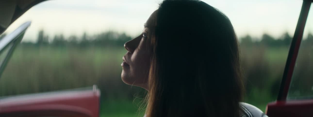 A woman in a vehicle with a grassy field the sky and clouds in the background