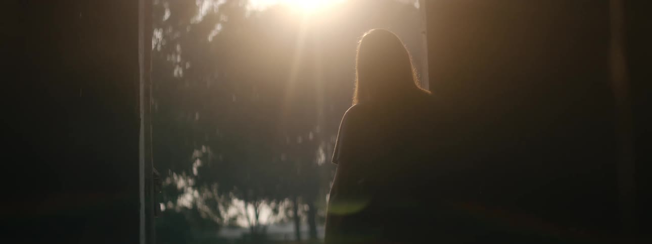 A person stands in the doorway of a building and gazes outside as the sun shines on them from beyond the tree line