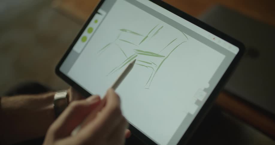 A person is drawing on a tablet while sitting indoors