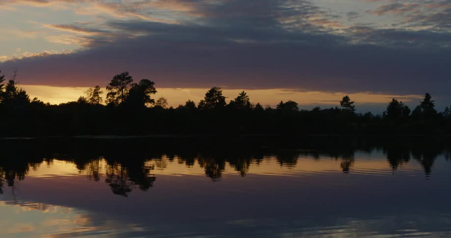 Silhouettes of trees against a colorful sunset sky reflecting onto the water