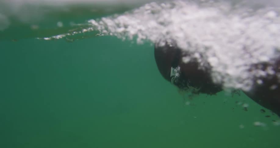 Two young boys swim together under water