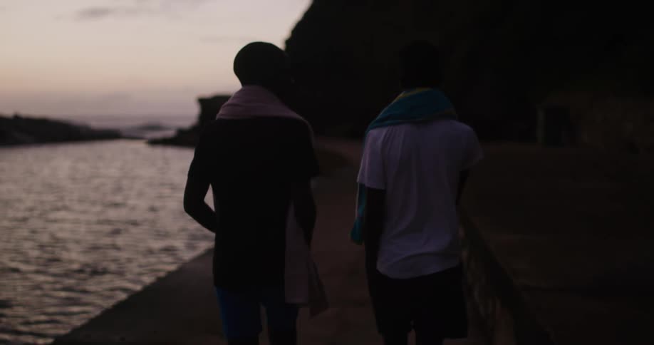 Two people walk and talk by the shore