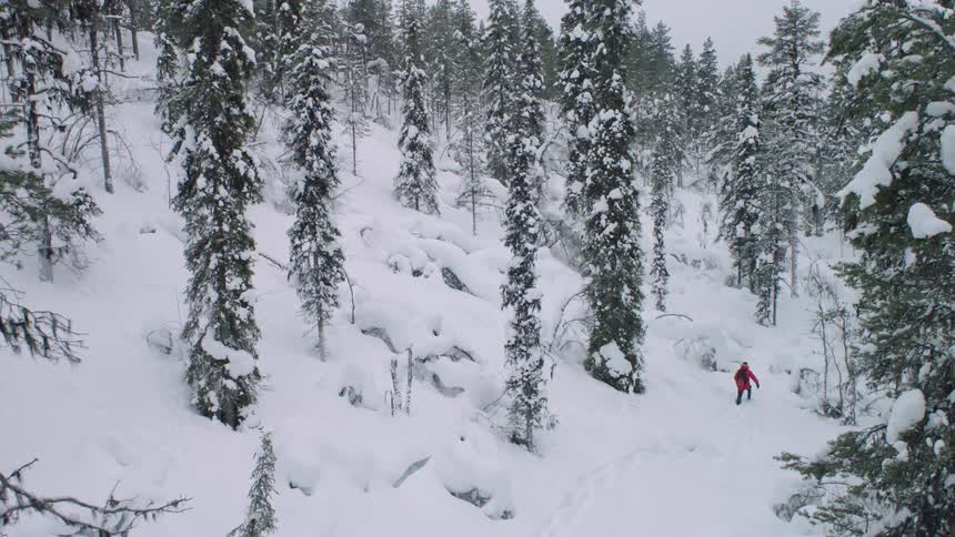 A man hikes through a snowy forest