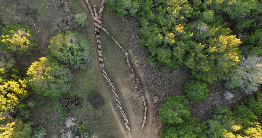 A mountain biker rides a narrow bridge