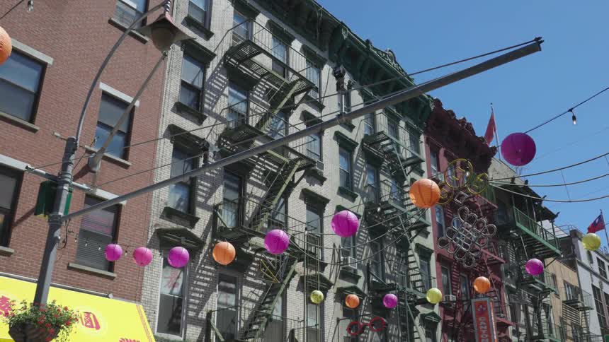 Lanterns across buildings