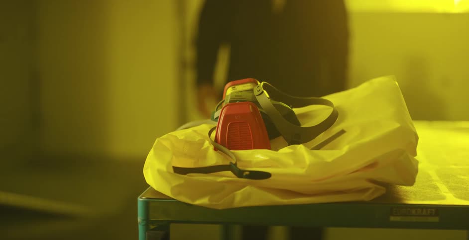 Worker enters a warehouse and picks up protective gear from a table