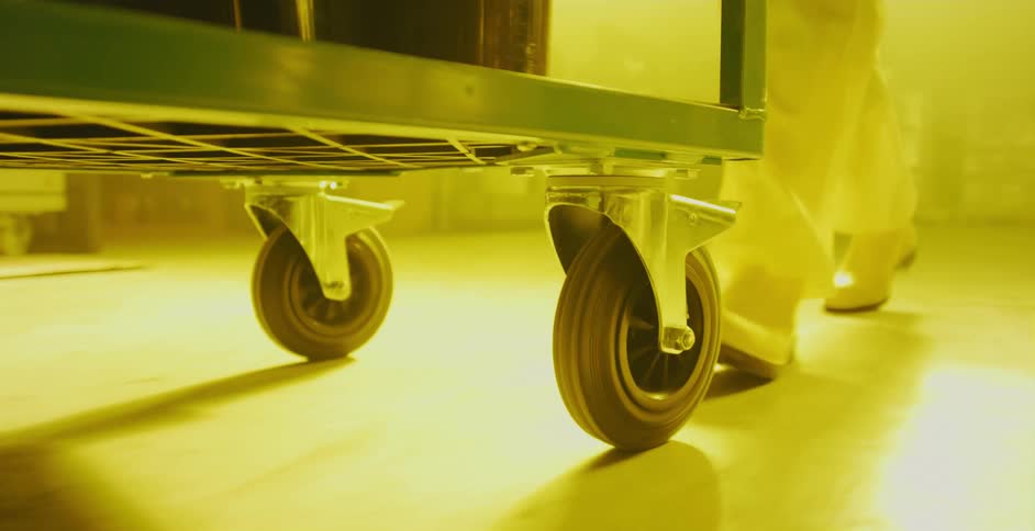 Man wearing protective gear pushing a cart inside a warehouse
