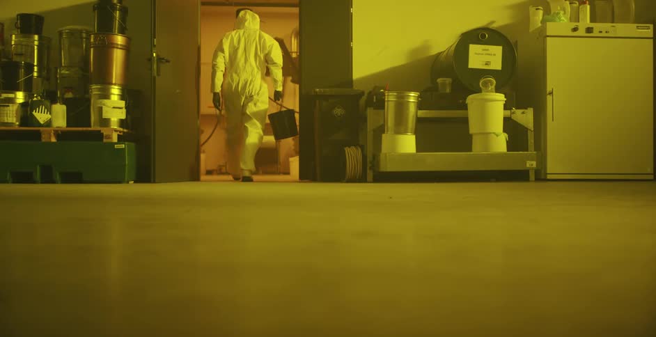 Man wearing hazmat suit carrying a bucket inside a warehouse