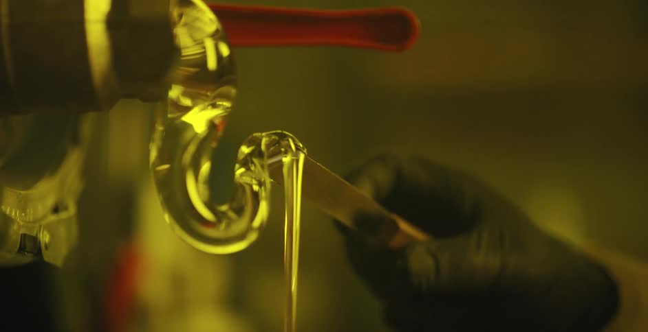 A person in a room with gloves using a tool to collect gel with a wall in the background