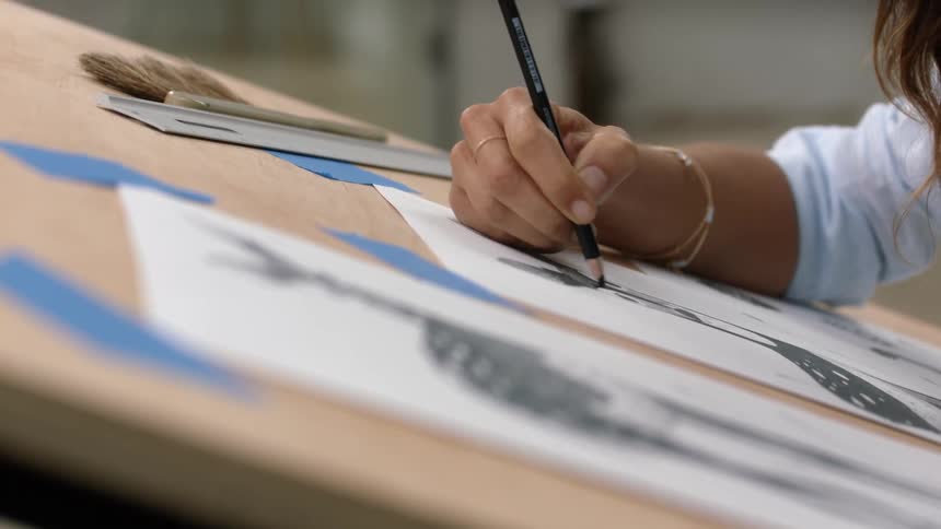 A woman in a room drawing on a paper with a colored pencil