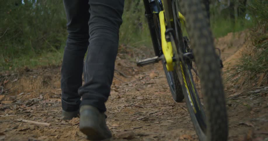 A man walking with a bicycle up a trail