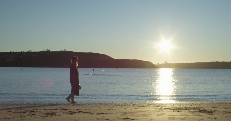 A woman walks on the beach sand as swimmers swim and a seagull flies