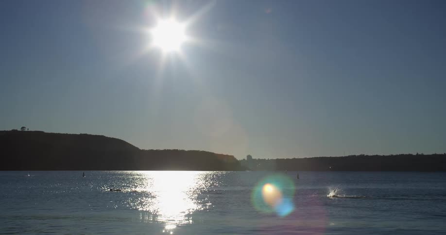 People are swimming in the ocean at dusk