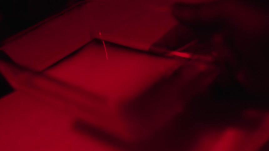 A person is trying to develop a photograph inside a dark room