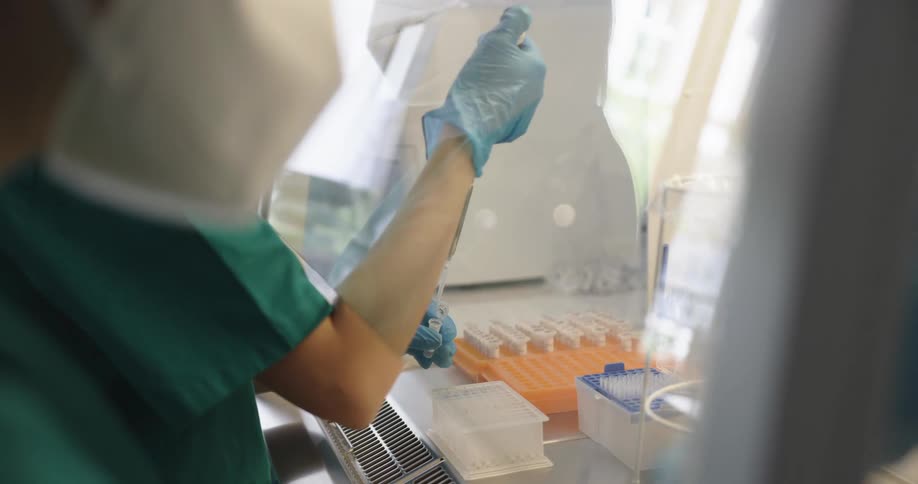Lab workers putting blood into vials