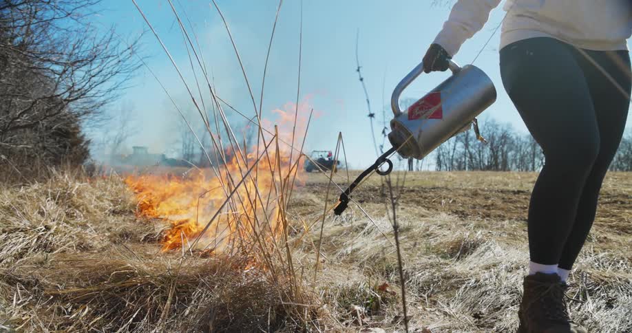 A woman is using a propane torch to set fire to dead grass on farm land during the daytime