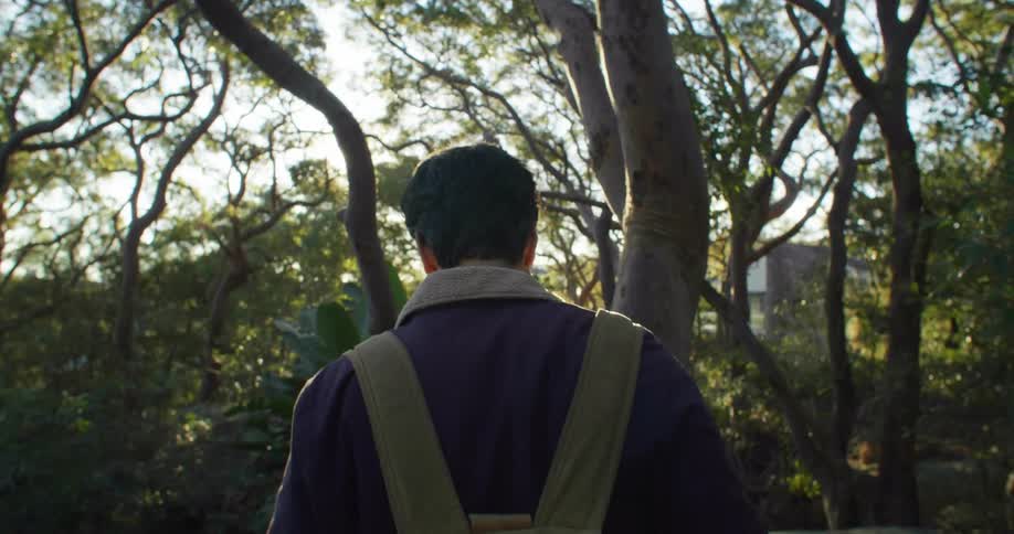 A man walking in a forest with a backpack with the sky and clouds in the background