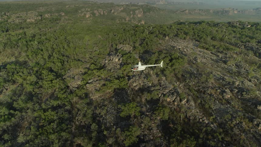 A helicopter is flying over a heavily forested area on a sunny day