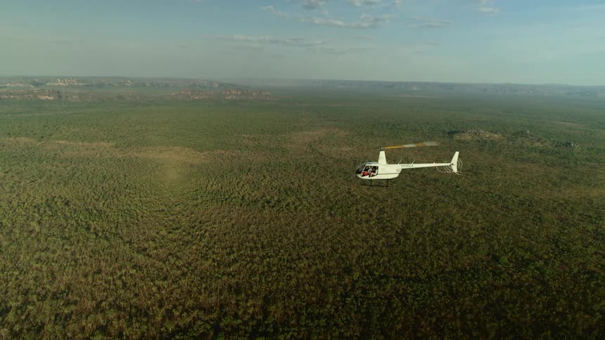 A helicopter is flying over a forest with mountains on the horizon