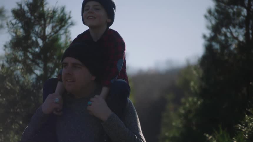 A man walks in the forest with his young son on his shoulders