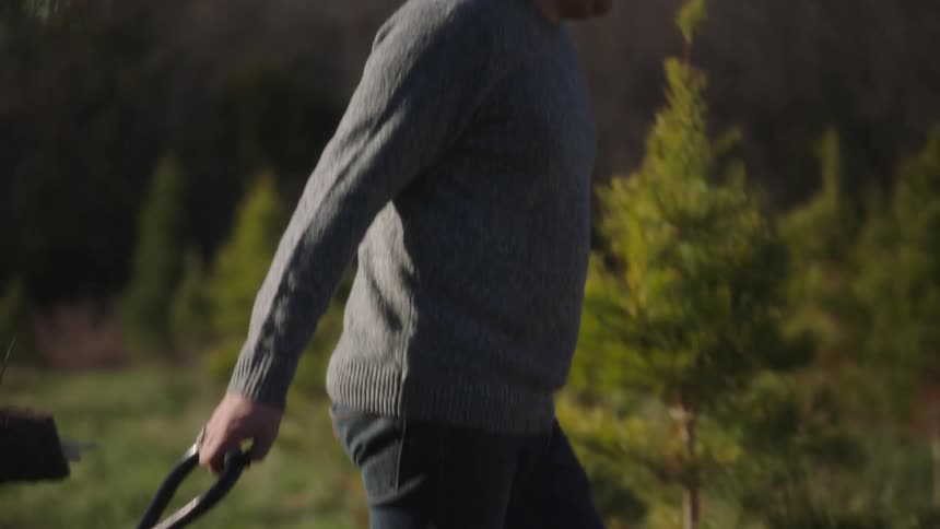 A man pulling a tree on a cart in a forest