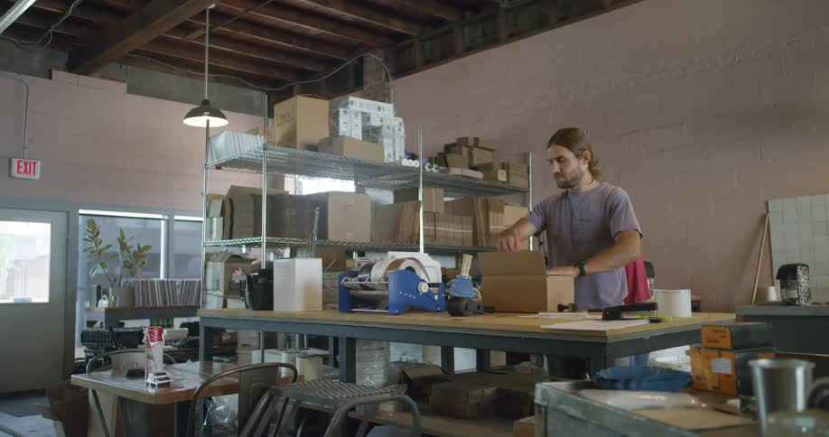 Worker packing good over a desk in a small warehouse
