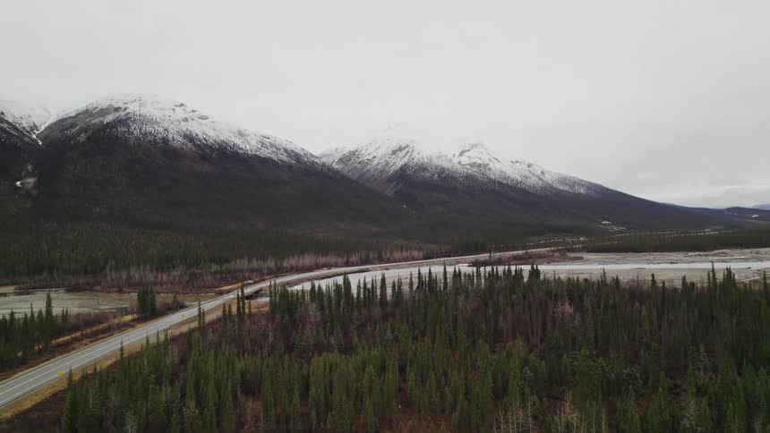 Trees and snow covered mountains along the roadside