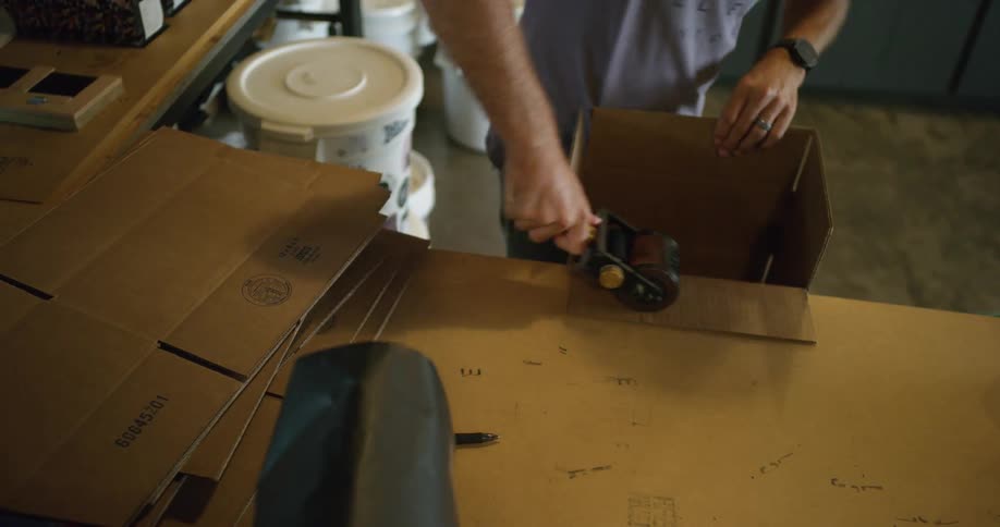 A man uses a package tool on the flap of a cardboard box