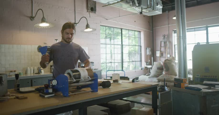 Two workers packing things in a store
